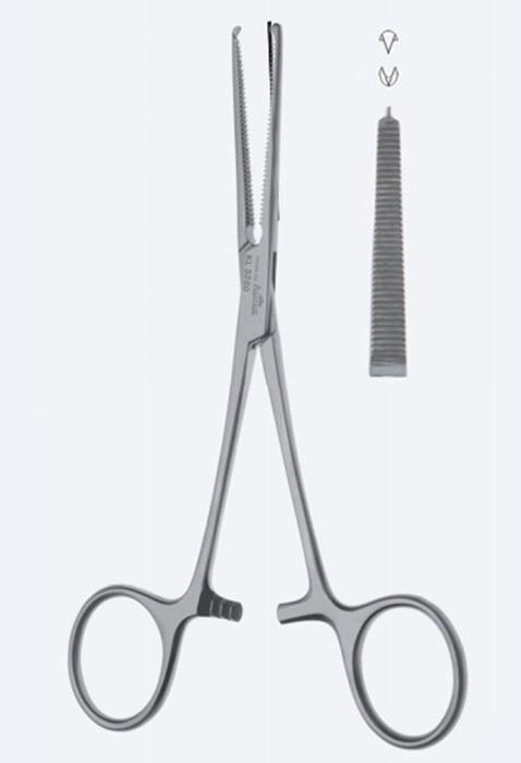 Зажими гемостатичні Kocher, делікатна форма, прямі, зубчасті щелепи, зубці 2 х 1, з кремальєрою, довжина 160 мм. Бренд - Asanus Medizintechnik Gmb, Німеччина